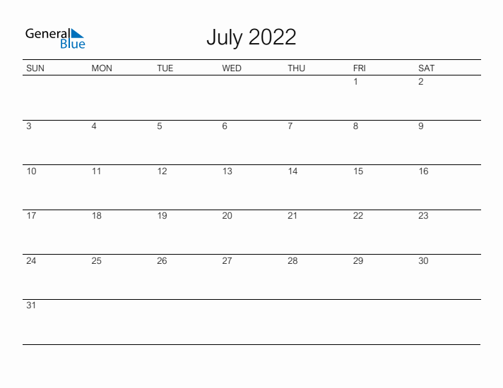 Printable July 2022 Calendar - Sunday Start