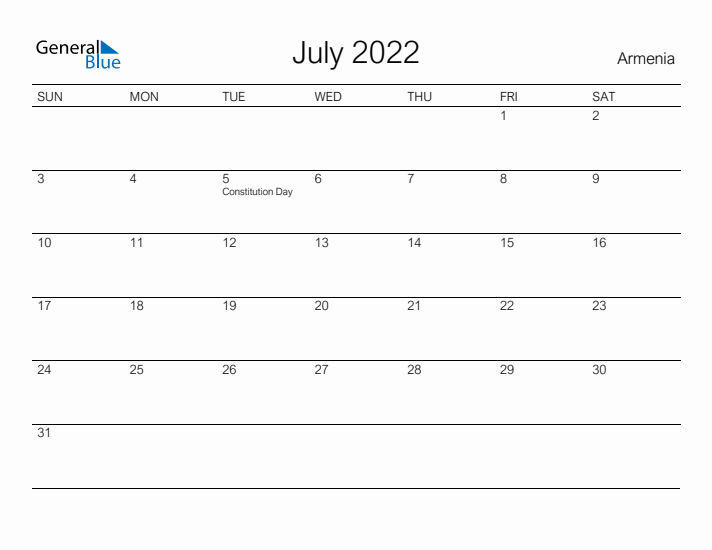 Printable July 2022 Calendar for Armenia