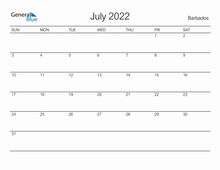 Printable July 2022 Calendar for Barbados