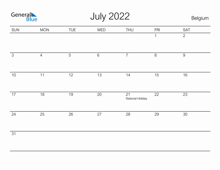 Printable July 2022 Calendar for Belgium