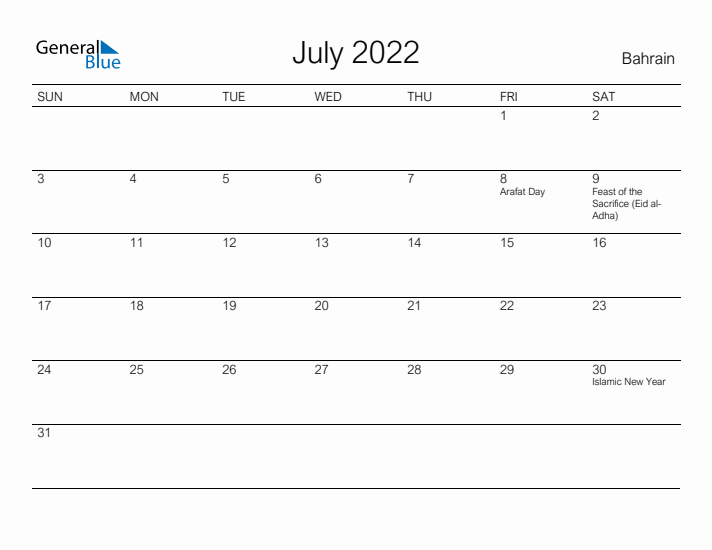 Printable July 2022 Calendar for Bahrain