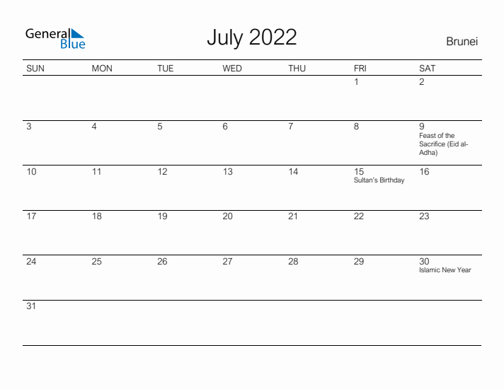 Printable July 2022 Calendar for Brunei