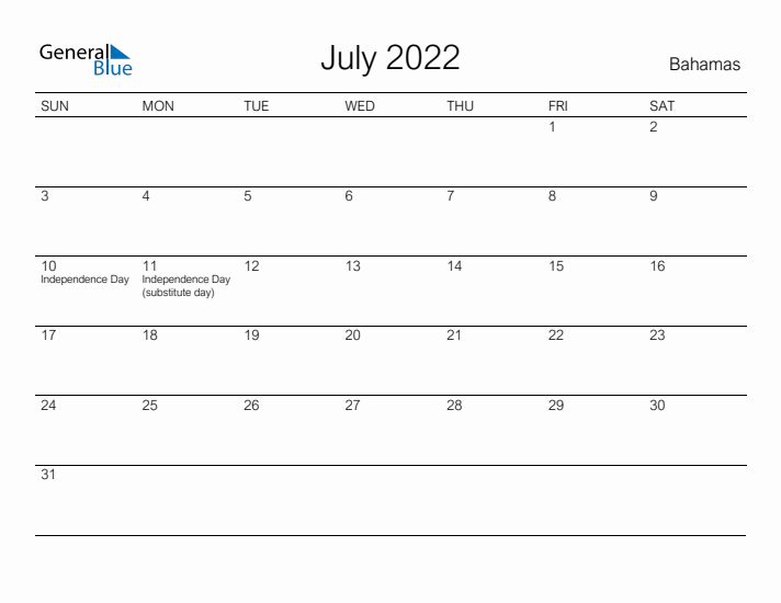 Printable July 2022 Calendar for Bahamas