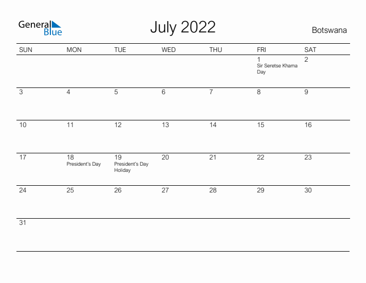 Printable July 2022 Calendar for Botswana
