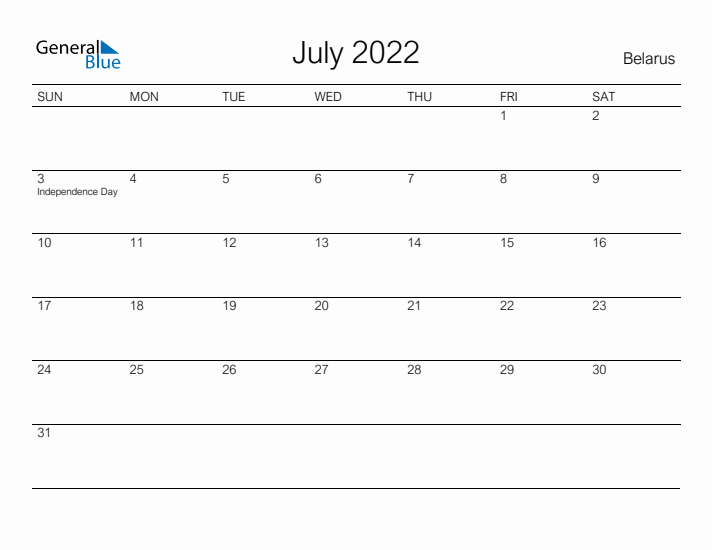 Printable July 2022 Calendar for Belarus