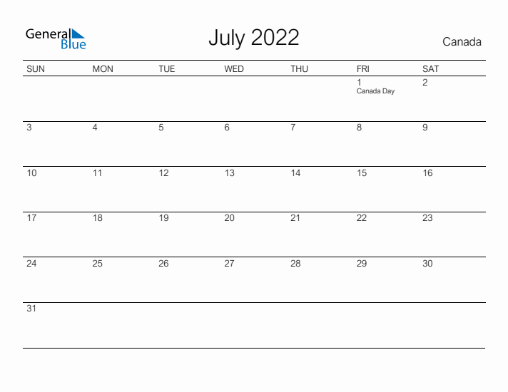 Printable July 2022 Calendar for Canada