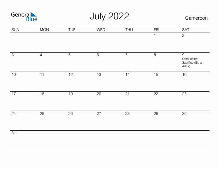 Printable July 2022 Calendar for Cameroon