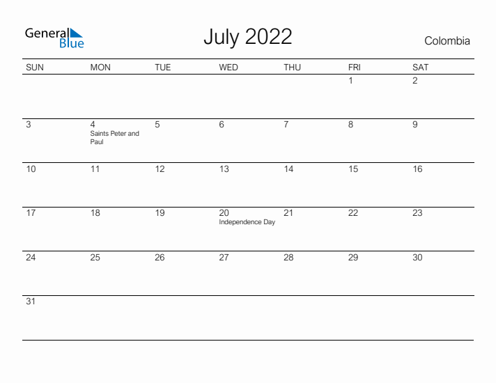 Printable July 2022 Calendar for Colombia