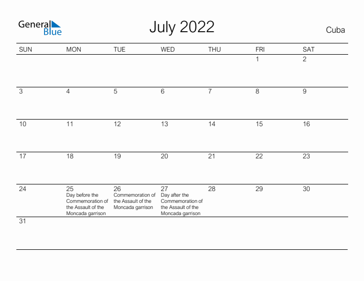 Printable July 2022 Calendar for Cuba
