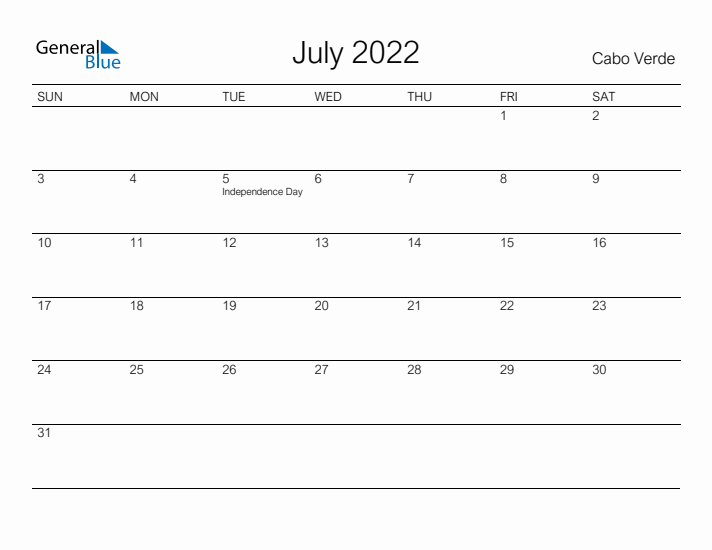 Printable July 2022 Calendar for Cabo Verde