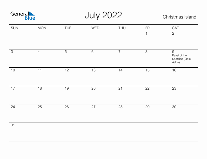 Printable July 2022 Calendar for Christmas Island