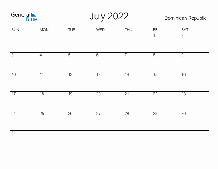Printable July 2022 Calendar for Dominican Republic