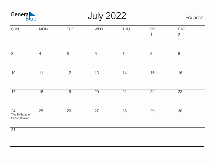 Printable July 2022 Calendar for Ecuador