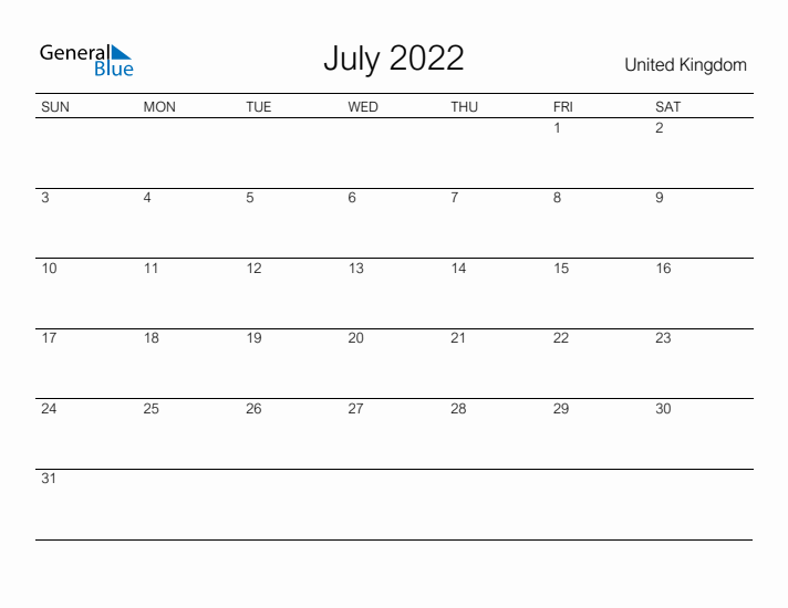 Printable July 2022 Calendar for United Kingdom