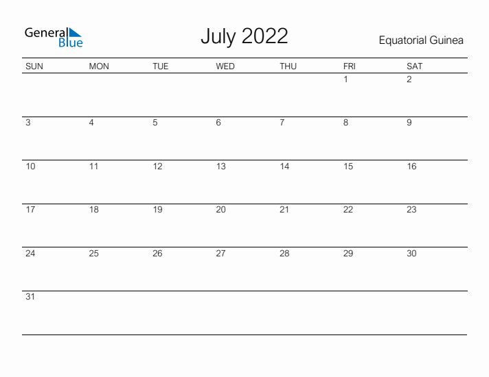 Printable July 2022 Calendar for Equatorial Guinea