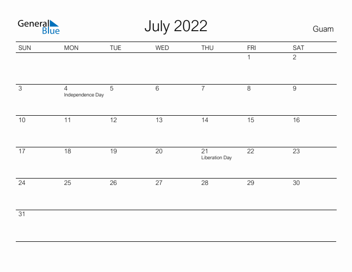 Printable July 2022 Calendar for Guam