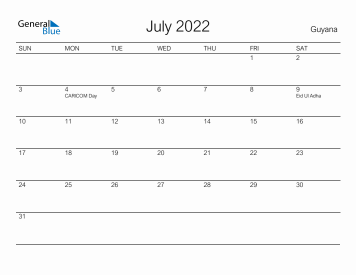 Printable July 2022 Calendar for Guyana