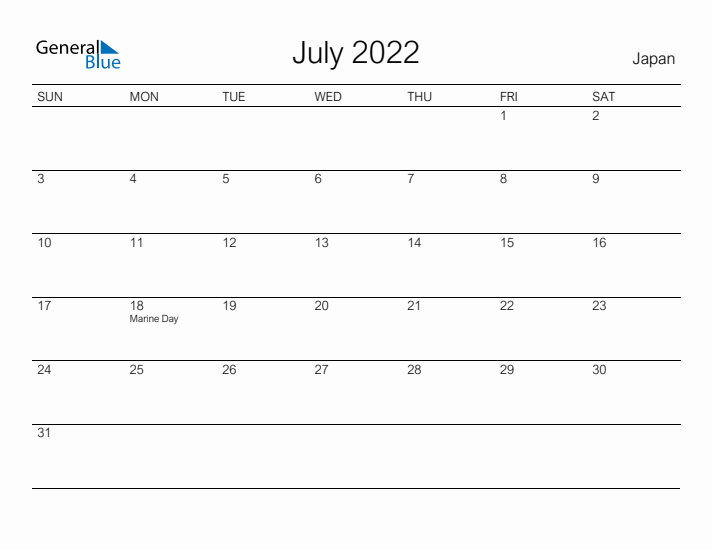 Printable July 2022 Calendar for Japan