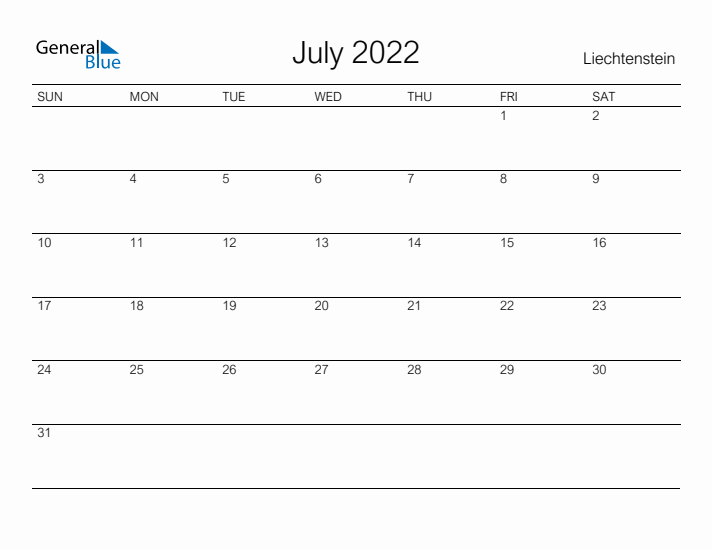 Printable July 2022 Calendar for Liechtenstein