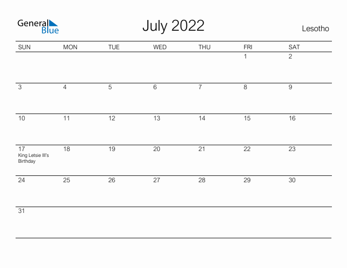 Printable July 2022 Calendar for Lesotho