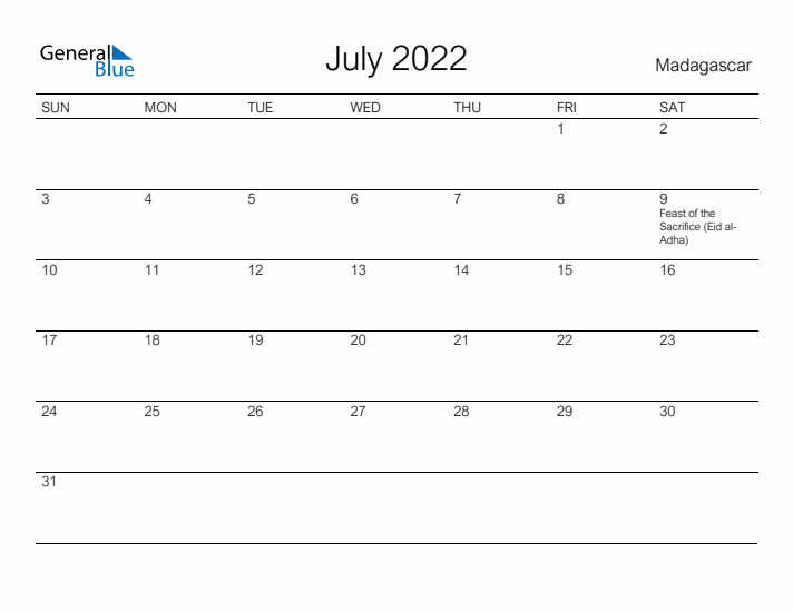 Printable July 2022 Calendar for Madagascar