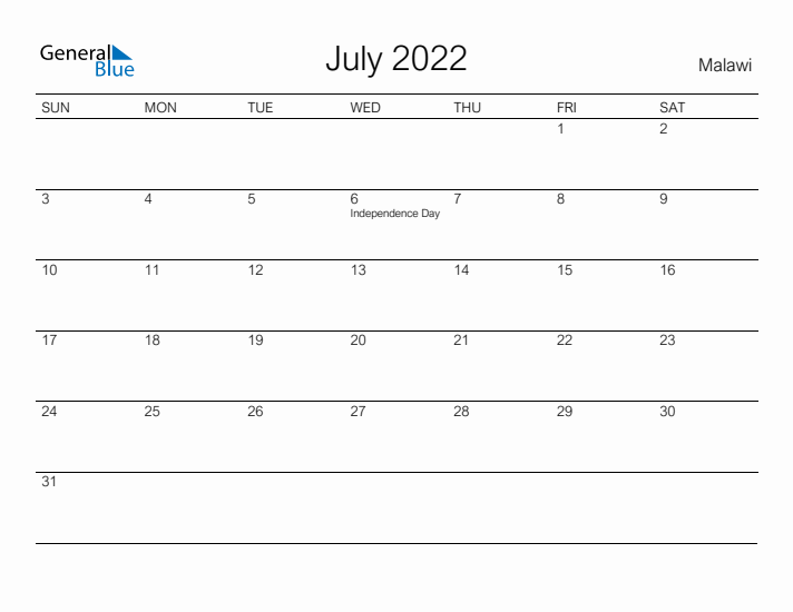 Printable July 2022 Calendar for Malawi