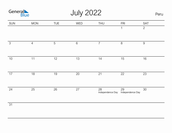 Printable July 2022 Calendar for Peru