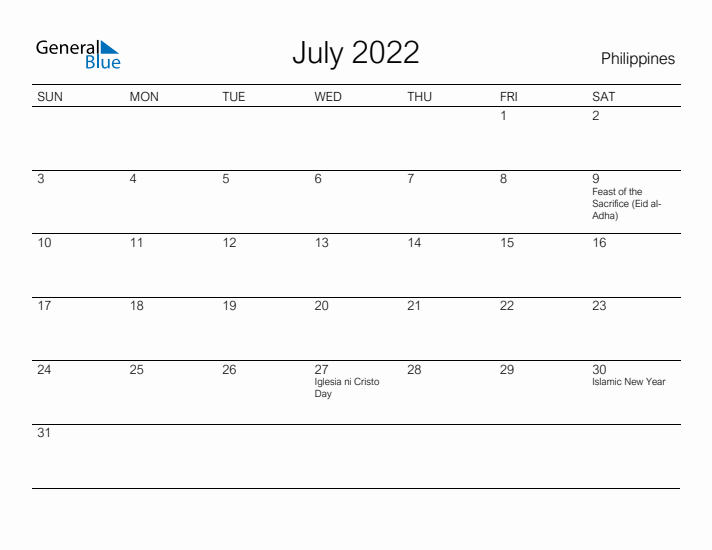 Printable July 2022 Calendar for Philippines