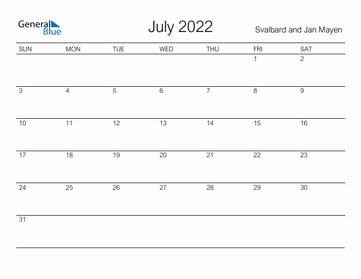 Printable July 2022 Calendar for Svalbard and Jan Mayen