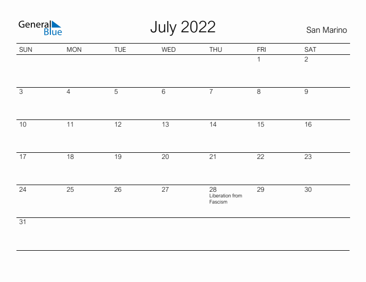 Printable July 2022 Calendar for San Marino