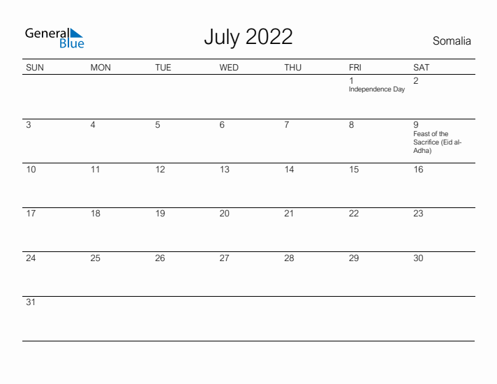 Printable July 2022 Calendar for Somalia