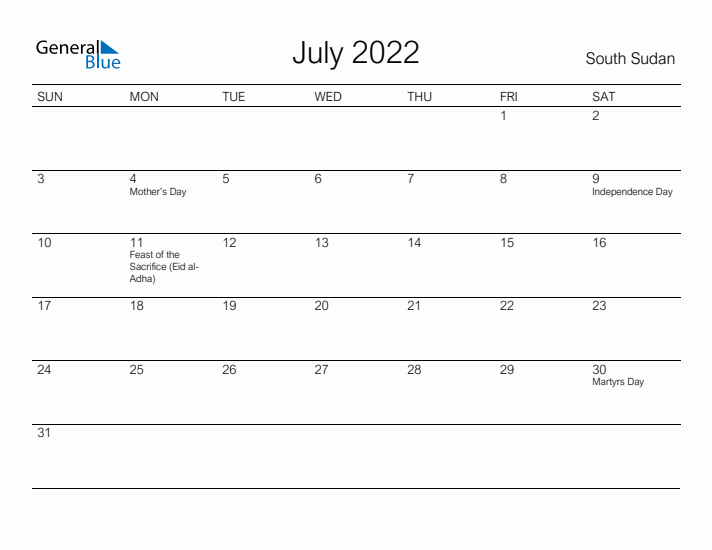 Printable July 2022 Calendar for South Sudan