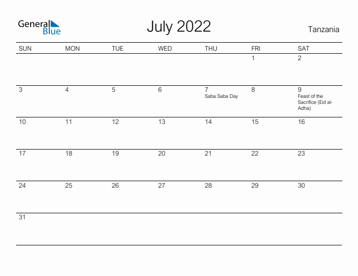 Printable July 2022 Calendar for Tanzania