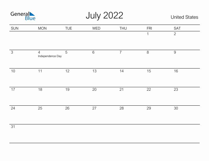 Printable July 2022 Calendar for United States