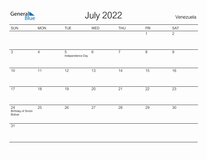 Printable July 2022 Calendar for Venezuela