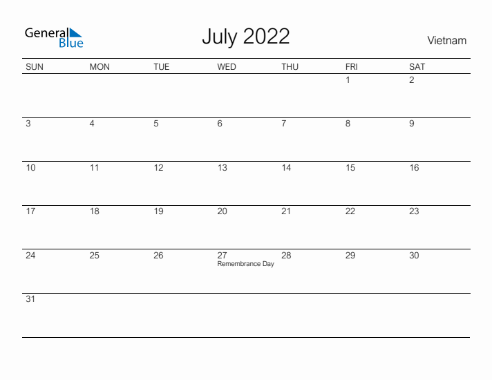 Printable July 2022 Calendar for Vietnam