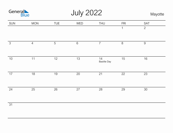 Printable July 2022 Calendar for Mayotte