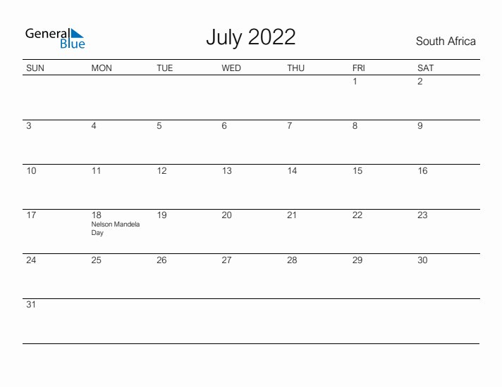 Printable July 2022 Calendar for South Africa