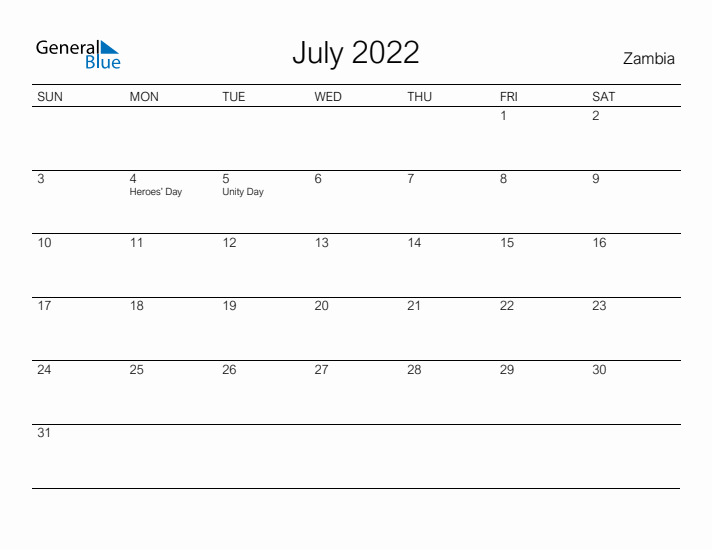 Printable July 2022 Calendar for Zambia