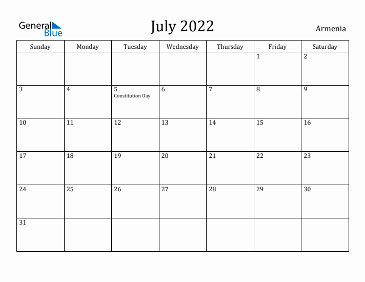 July 2022 Calendar Armenia