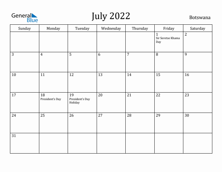 July 2022 Calendar Botswana