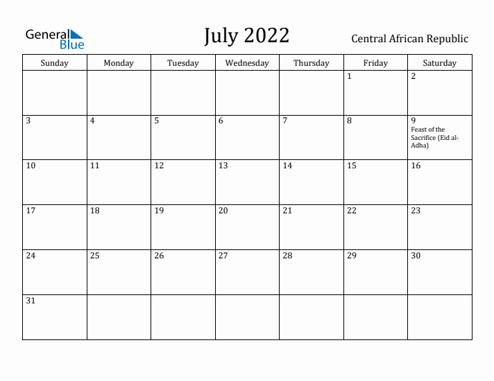 July 2022 Calendar Central African Republic