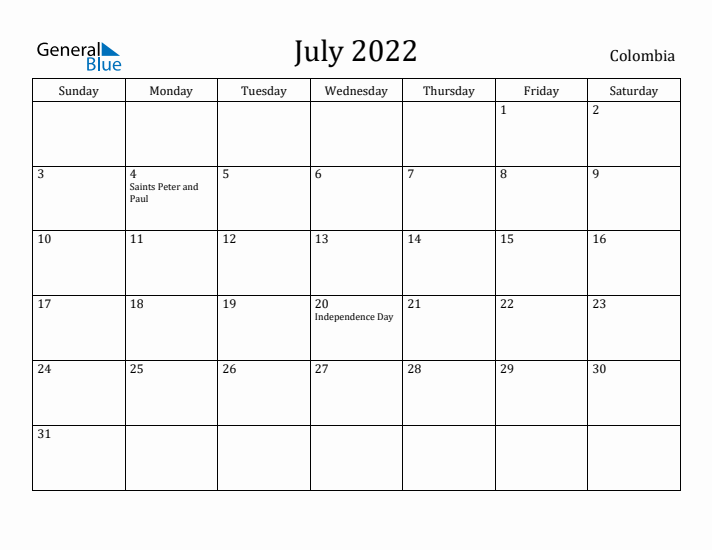 July 2022 Calendar Colombia