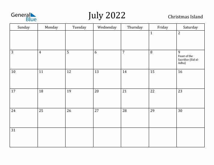 July 2022 Calendar Christmas Island