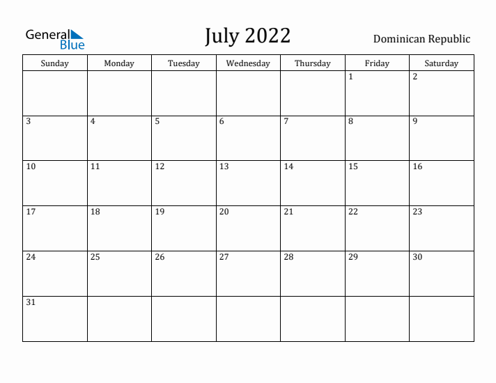 July 2022 Calendar Dominican Republic