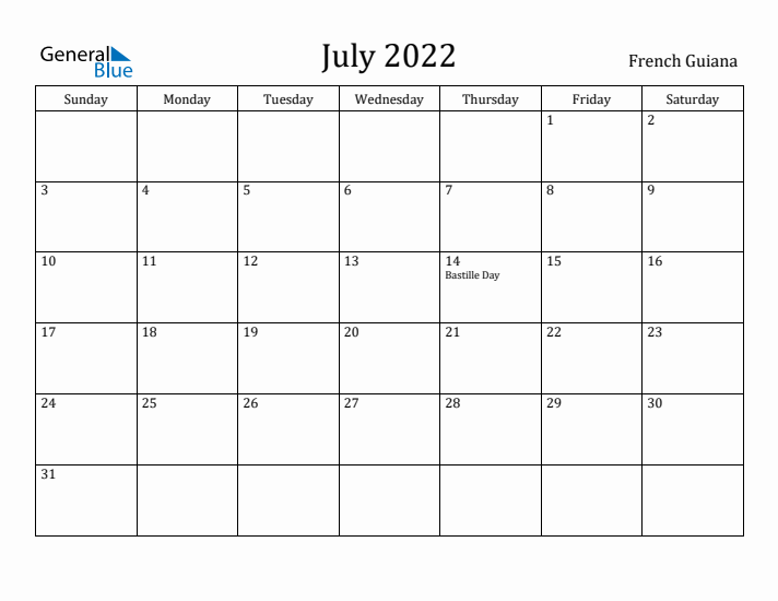 July 2022 Calendar French Guiana