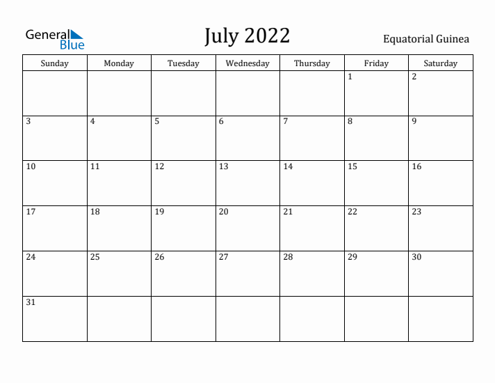 July 2022 Calendar Equatorial Guinea