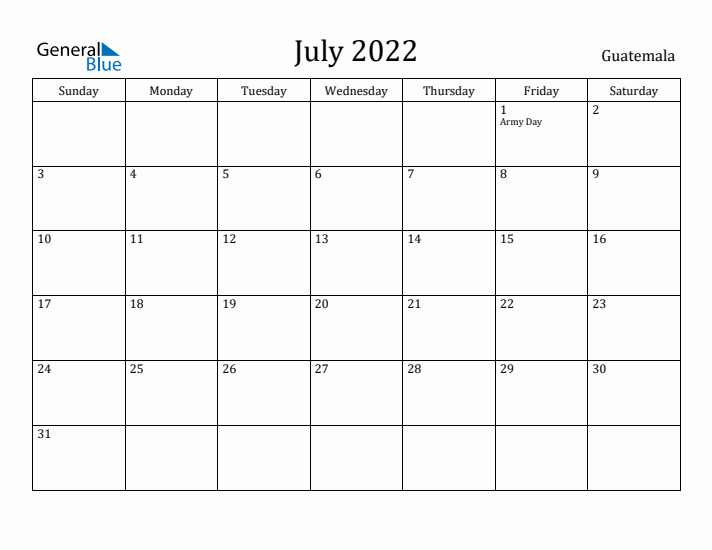 July 2022 Calendar Guatemala
