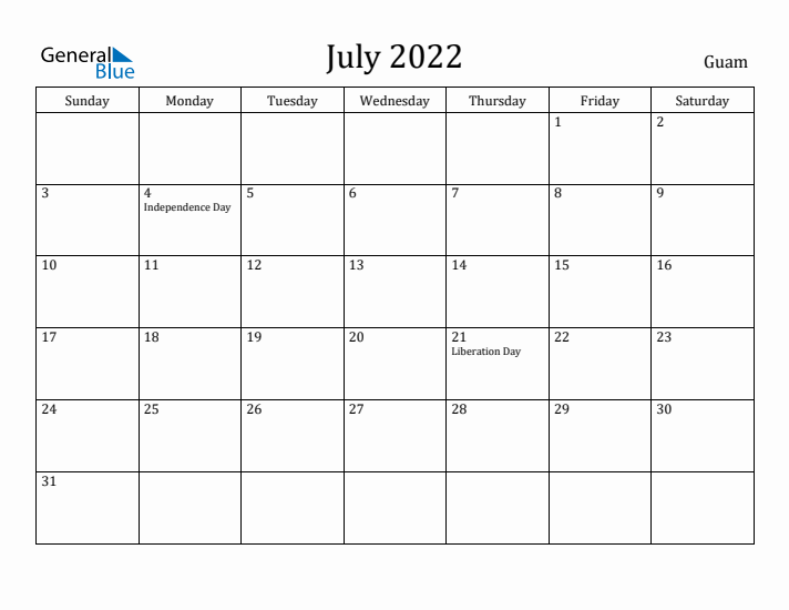 July 2022 Calendar Guam
