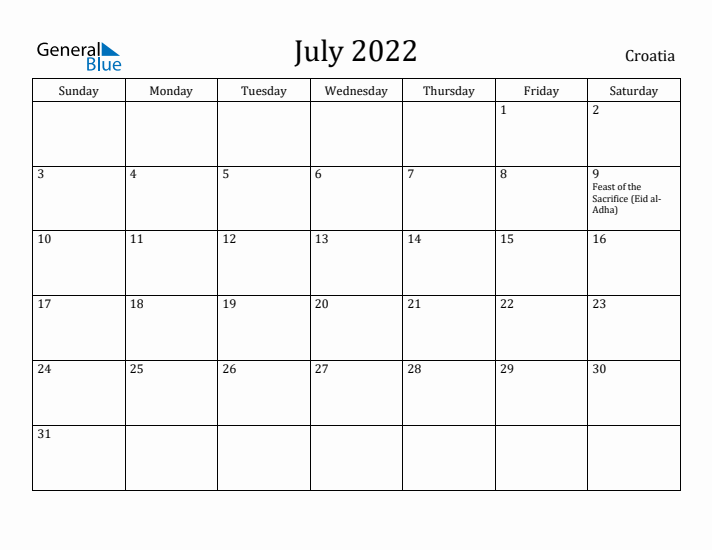 July 2022 Calendar Croatia